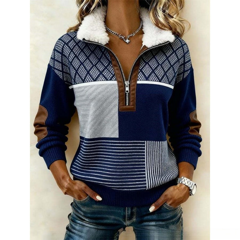 DELACROIX | Pull Demi-Zip Patchwork Marine pour Femme Brigitte