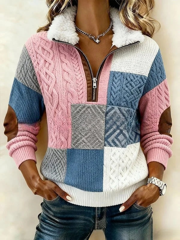 DELACROIX | Pull Demi-Zip Patchwork Rose pour Femme Claire
