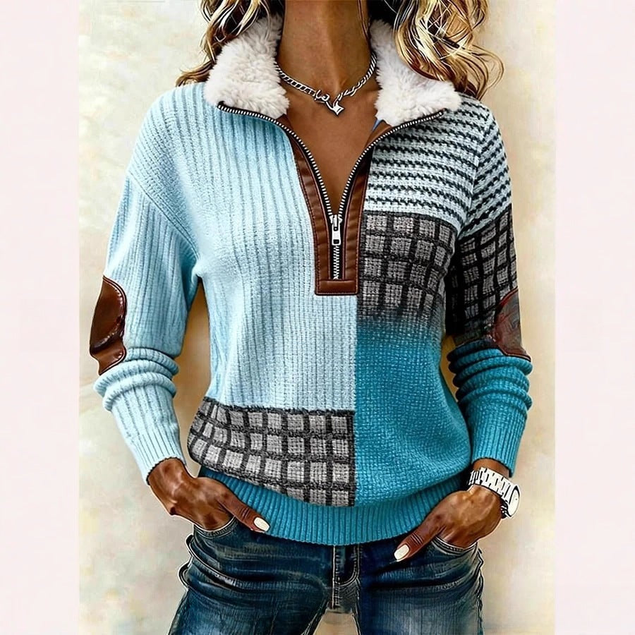 DELACROIX | Pull Demi-Zip Patchwork Turquoise pour Femme Mathilde