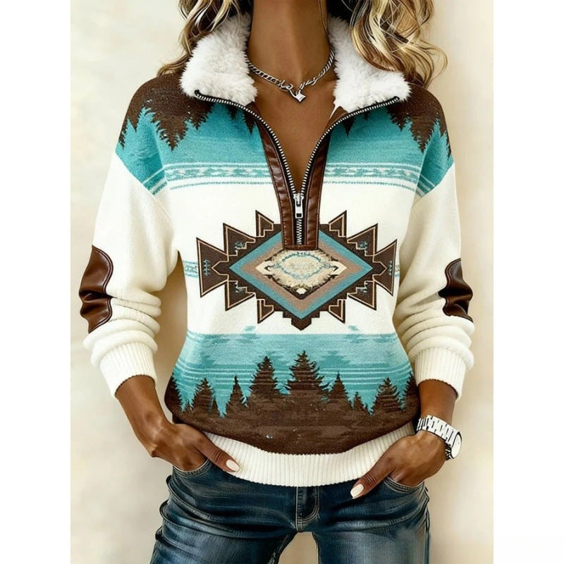 DELACROIX | Pull Demi-Zip Sapins Turquoise pour Femme Élina