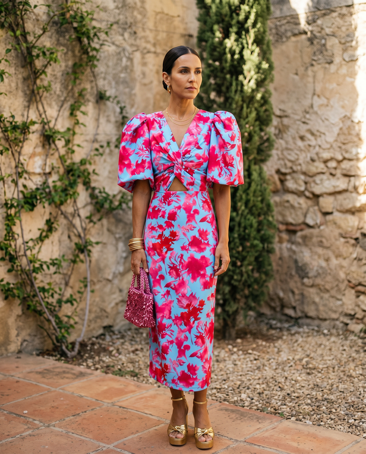 DELACROIX | Robe Mi-Longue Fleurie Manches Bouffantes Aveline