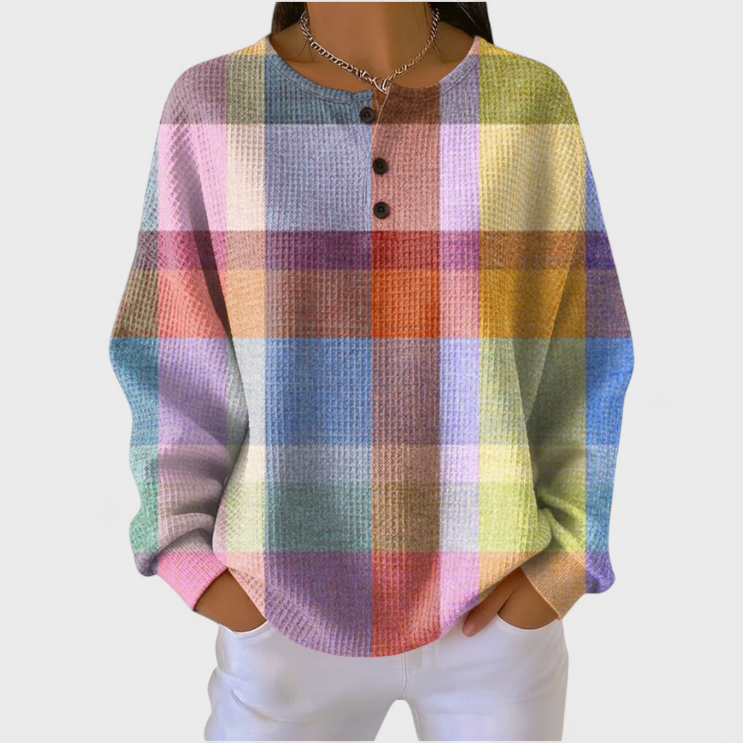 Pull gaufré femme – motif Carreaux Pastel