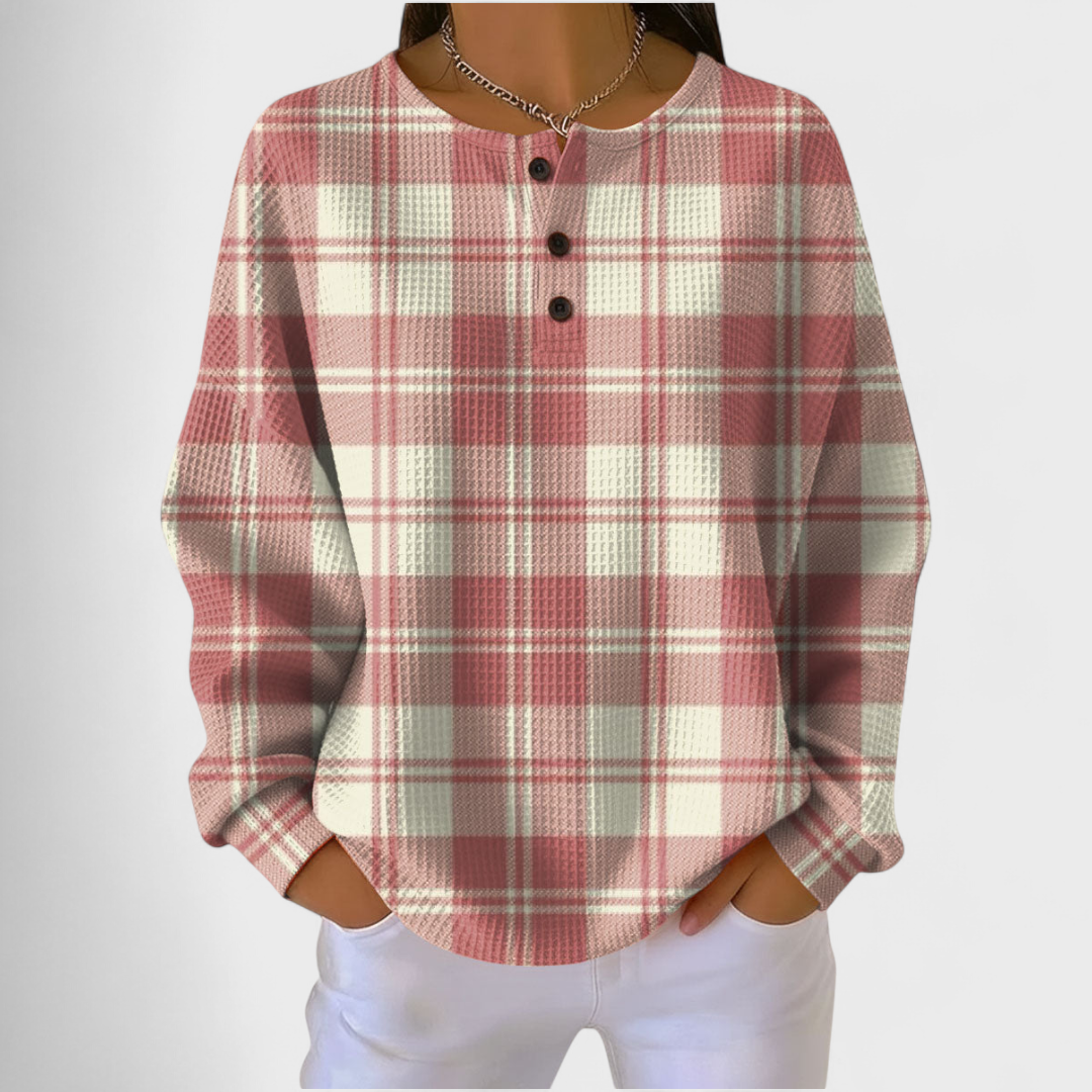 Pull gaufré femme – motif Carreaux Rose Écru