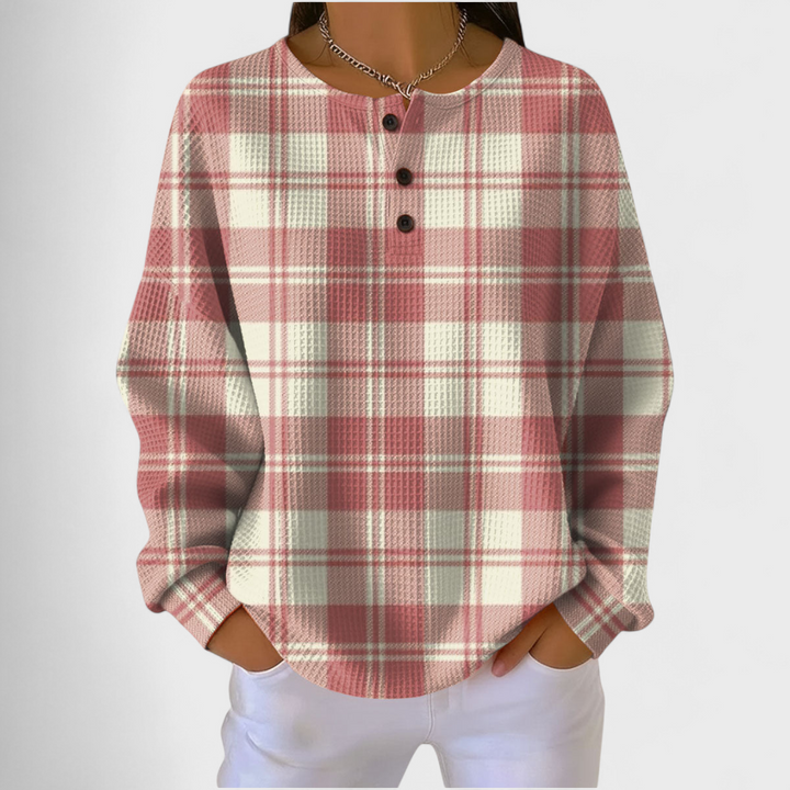 Pull gaufré femme – motif Carreaux Rose Écru