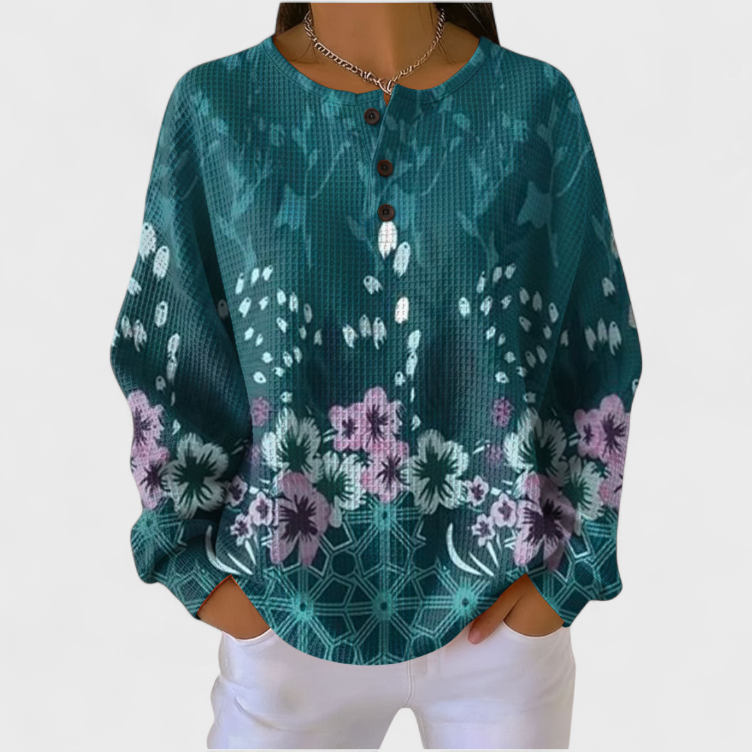 Pull gaufré femme – motif Fleurs Bleu Canard